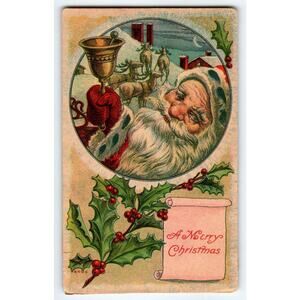 Santa Claus Christmas Postcard Saint Nick Rings Bell Reindeer Moon Snow 1913